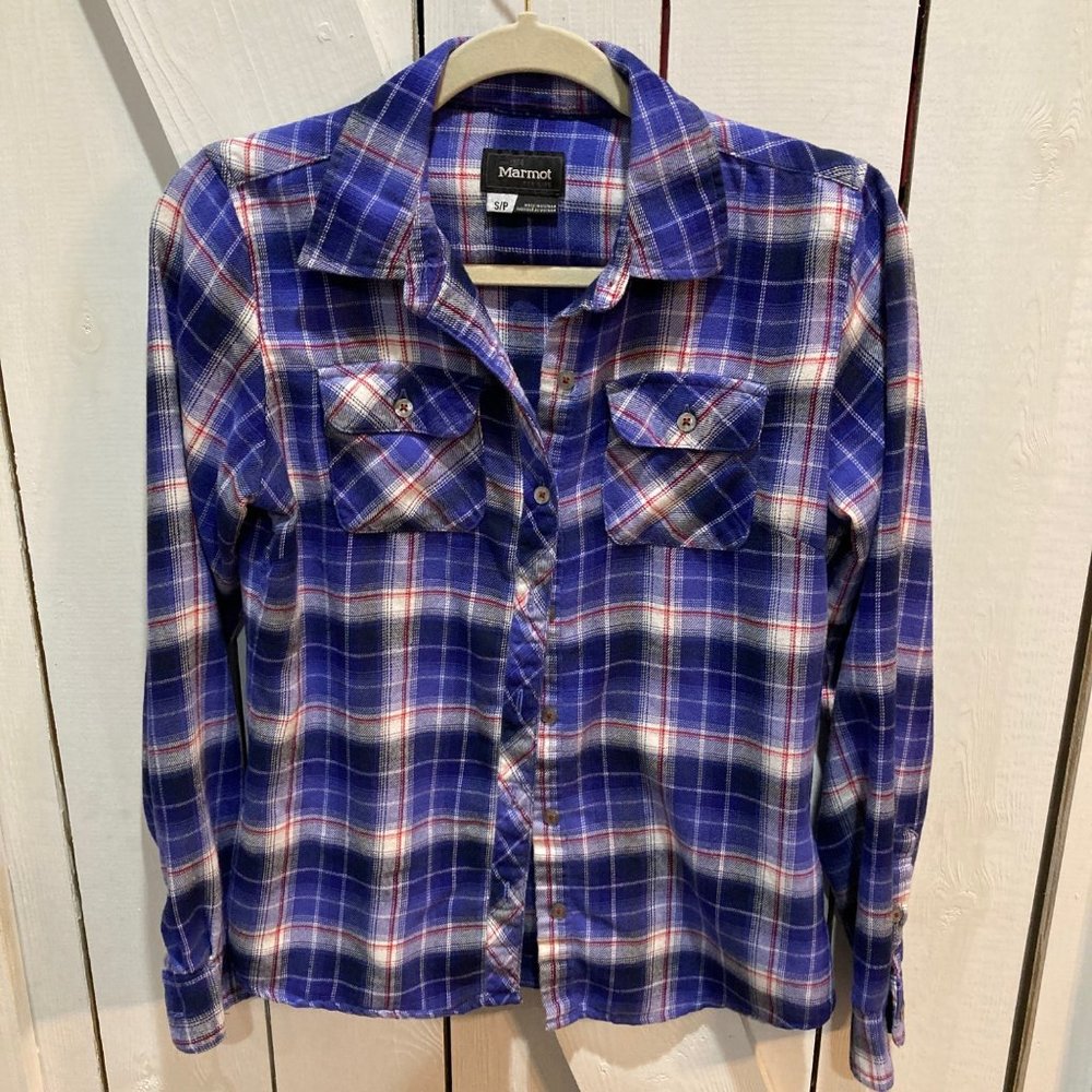Marmot blue red white plaid flannel button down small
